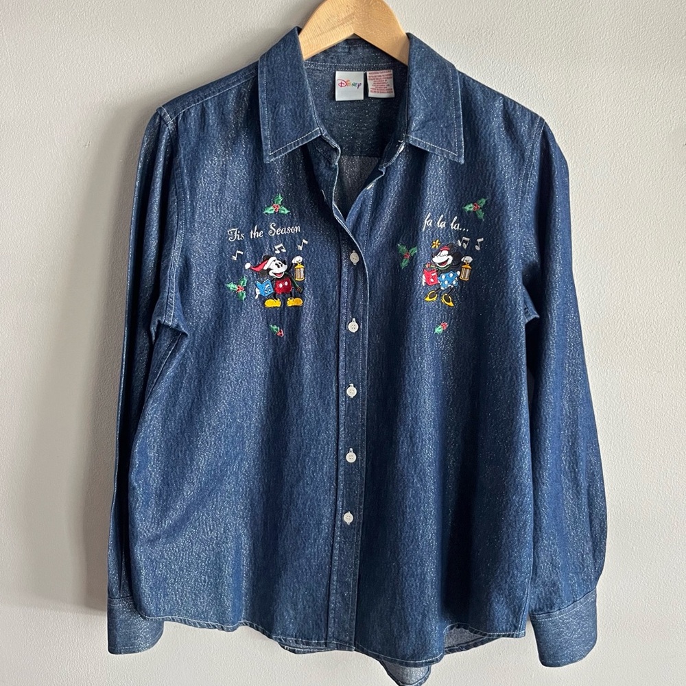 Disney Mickey Minnie Denim Button Up Shirt Embroidered Holiday Medium